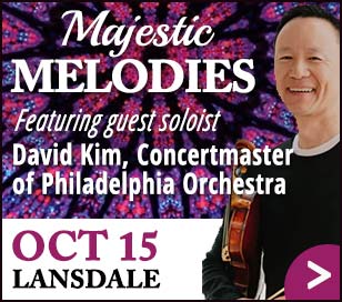 We are thrilled to welcome David Kim, Concertmaster of the Philadelphia Orchestra as our guest soloist for our Fall concert. This concert will be a unique opportunity to hear some of the most beautiful and exciting music for solo violin and orchestra performed by David with a full orchestra in the gorgeous and intimate setting of Trinity Lutheran Church. This is the first time David has performed with an orchestra in Montgomery County in over 10 years! Sunday, October 15, 2023 - 3:00 p.m. Trinity Lutheran Church - 1000 W Main St, Lansdale, PA 19446 Full Season Subscription: $45 total for all 3 concerts (40% savings!) General Admission: $25.00 per ticket Groups Tickets (6 or more): $20.00 per ticket Students (w/ID): $5.00 Children under 12: Free